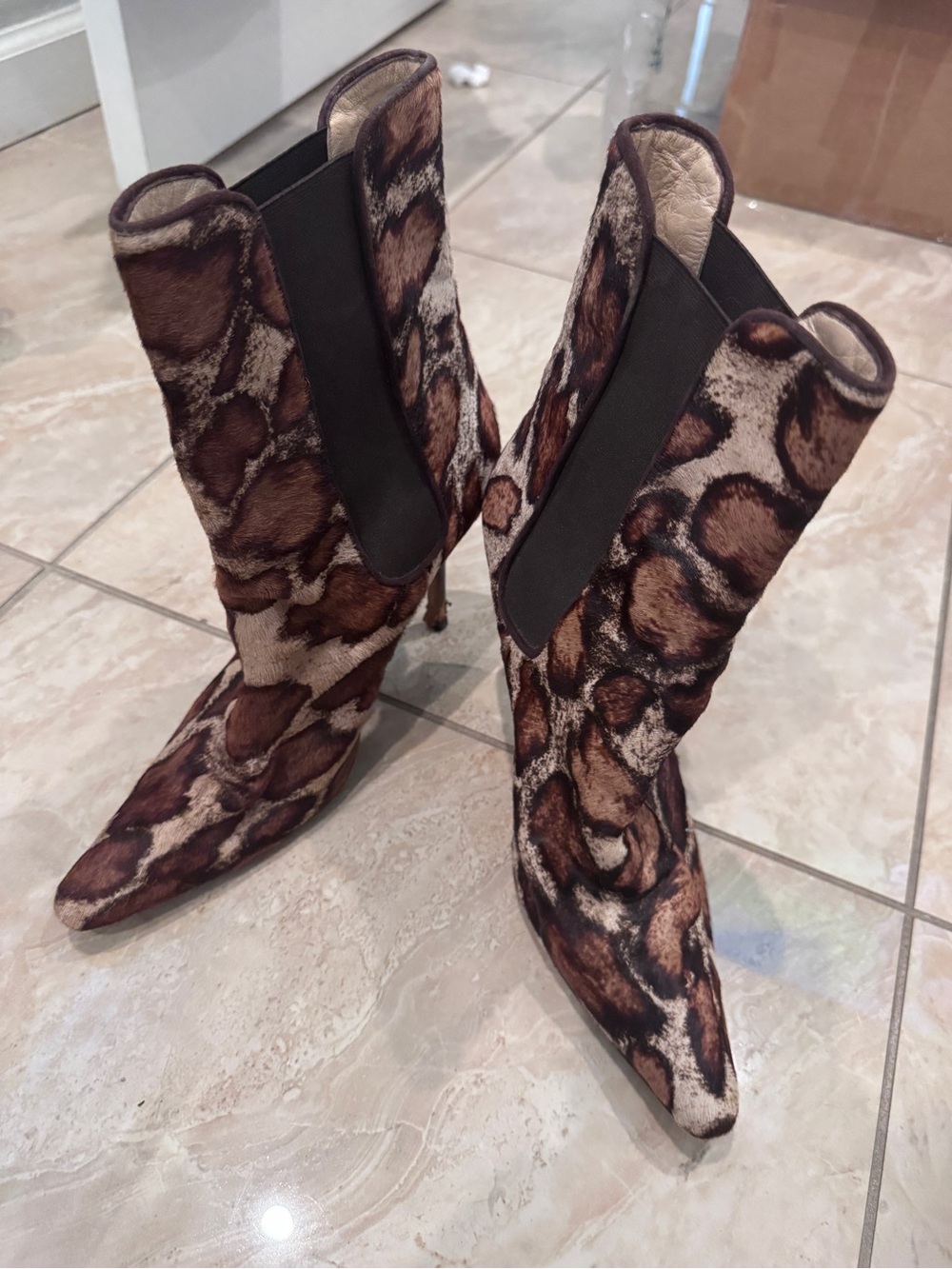Manolo Blahnik Brown Patterned Pointed-Toe Mid-Calf Heeled Boots